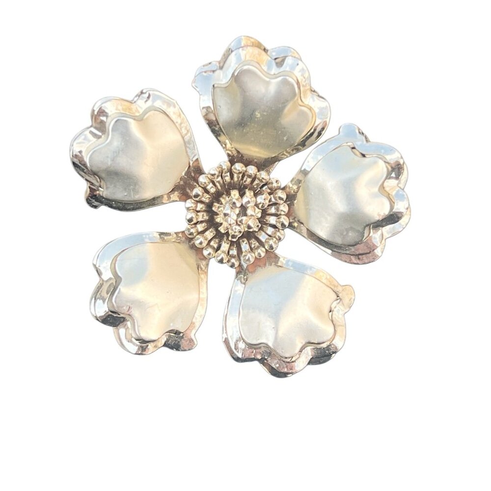 Gold-Tone Flower Brooch Pin With Rhinestone Center Elegant Floral Design - Picture 2 of 6